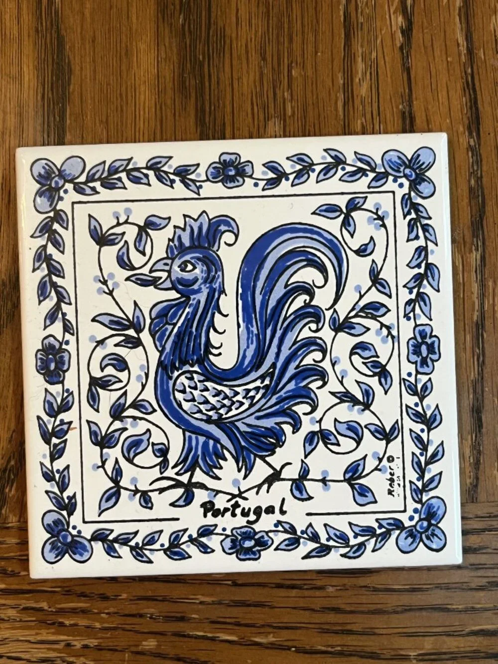 Tino Portugal Blue & White Rooster Ceramic Tile Cork Back 4.25